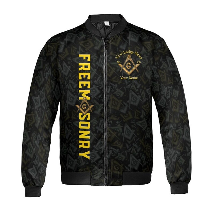 Customize Name Lodge Name Masonic Letter G Faith Hope Charity Pattern Seamless Freemasonry 3D Bomber Jacket Size S-5XL
