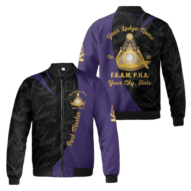 Personalized Name Past Master Emblem Square Compass F&AM PHA Freemason 3D Bomber Jacket Size S-5XL