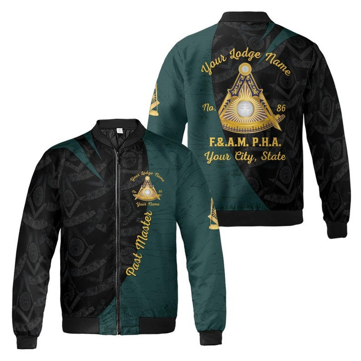 Personalized Name Past Master Emblem Square Compass F&AM PHA Freemason 3D Bomber Jacket Size S-5XL