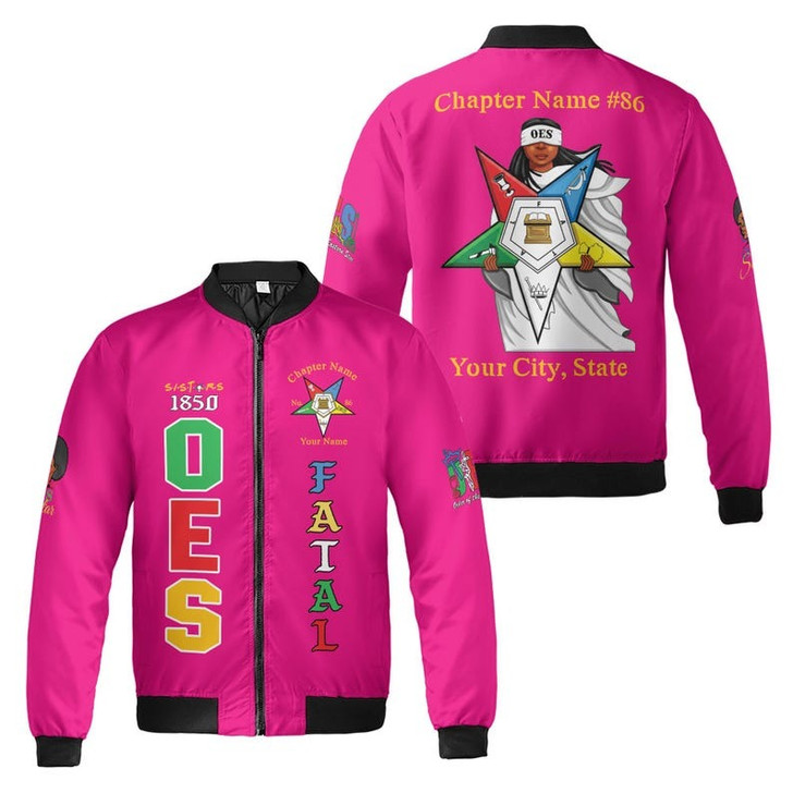 Customized Name 1850 OES FATAL Sister Eyes Mask Order Of The Eastern Star Pentagon Down 3D Bomber Jacket Size S-5XL