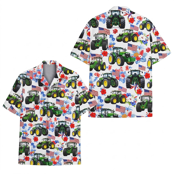 Patriotic Farm Tractor Aloha 4 of July Hawaiian Shirt S-5XL