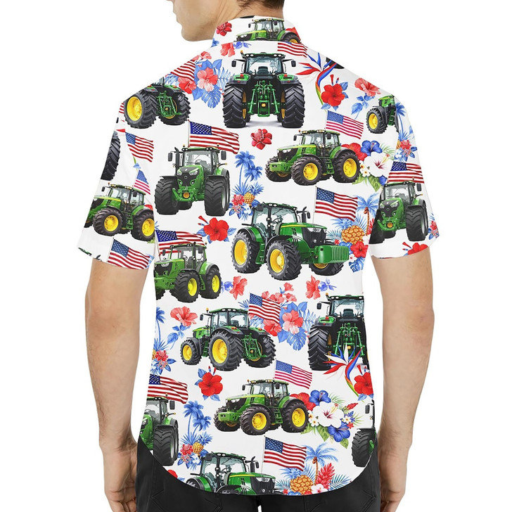 Patriotic Farm Tractor Aloha 4 of July Hawaiian Shirt S-5XL
