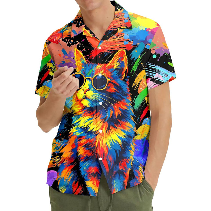 Funky Colorful Trippy Sunglasses Cat Hawaiian Shirt S-5XL