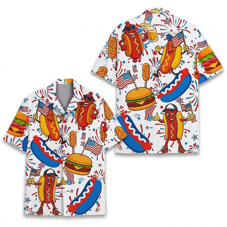 Patriotic American Flag Hot Dog Burger Hawaiian Shirt S-5XL