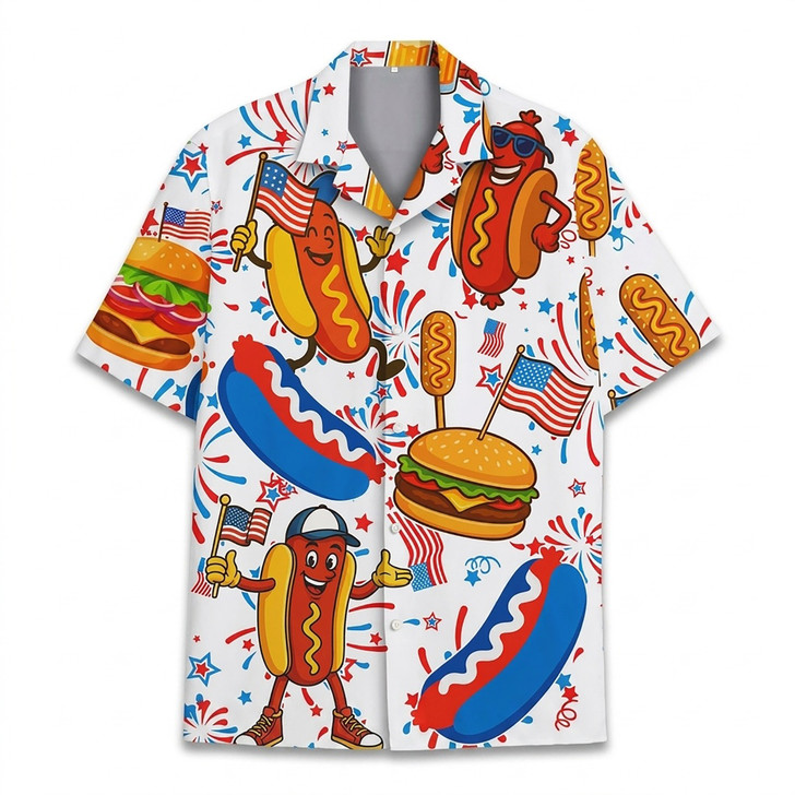 Patriotic American Flag Hot Dog Burger Hawaiian Shirt S-5XL
