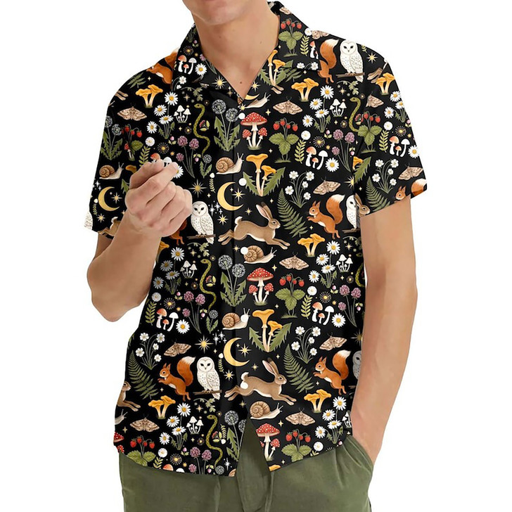 Cottagecore Mushroom Forest Animal Hawaiian Shirt S-5XL