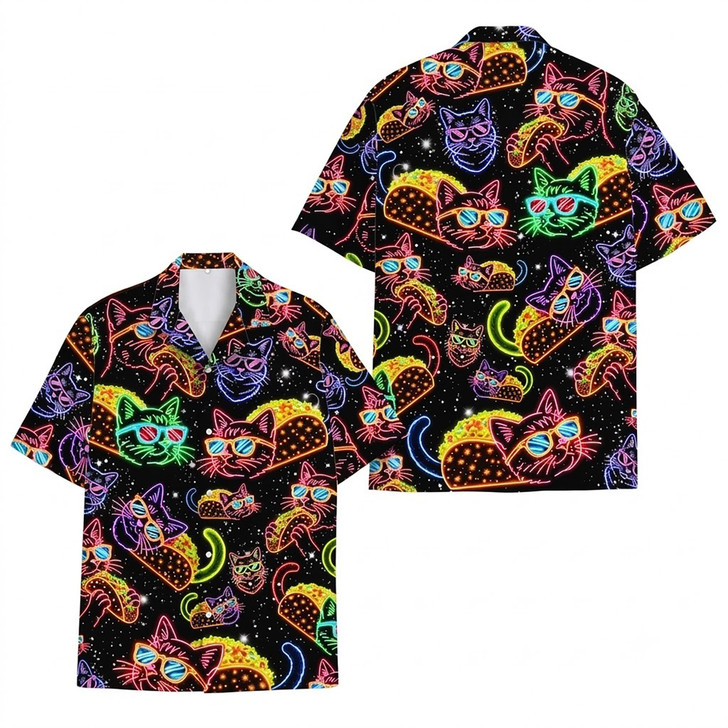 Neon Funny Cat Taco Mexican Food Hawaiian Shirt S-5XL
