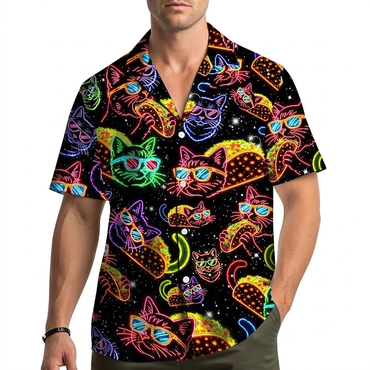 Neon Funny Cat Taco Mexican Food Hawaiian Shirt S-5XL