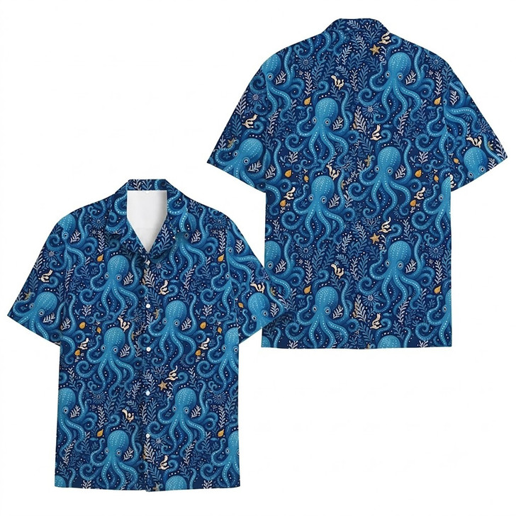 Blue Octopus Marine Life Sea Creature Hawaiian Shirt S-5XL