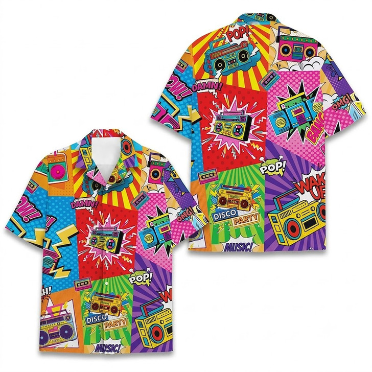 Colorful 80s 90s Pop Art Boombox Hawaiian Shirt S-5XL