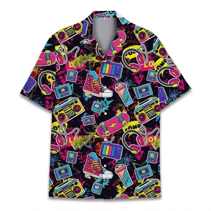 Neon Cassette Skateboard Retro 80s Hawaiian Shirt S-5XL