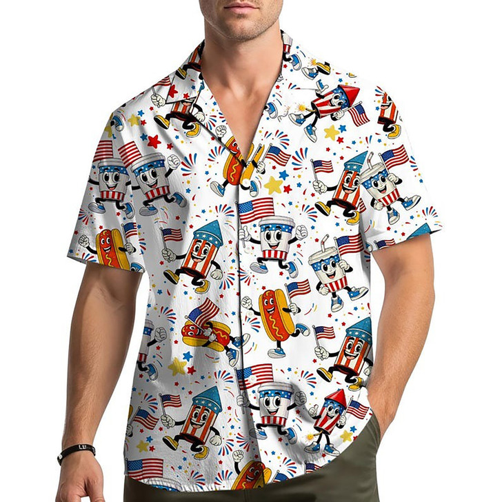 Fourth of July Patriotic Food Fireworks Hawaiian Shirt S-5XL
