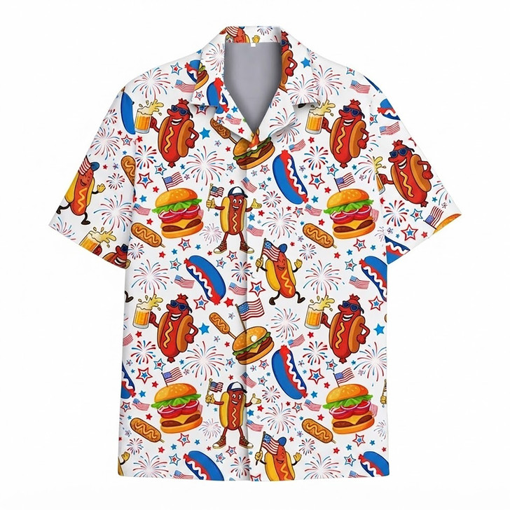 Patriotic Hot Dog Burger American Flag Hawaiian Shirt S-5XL