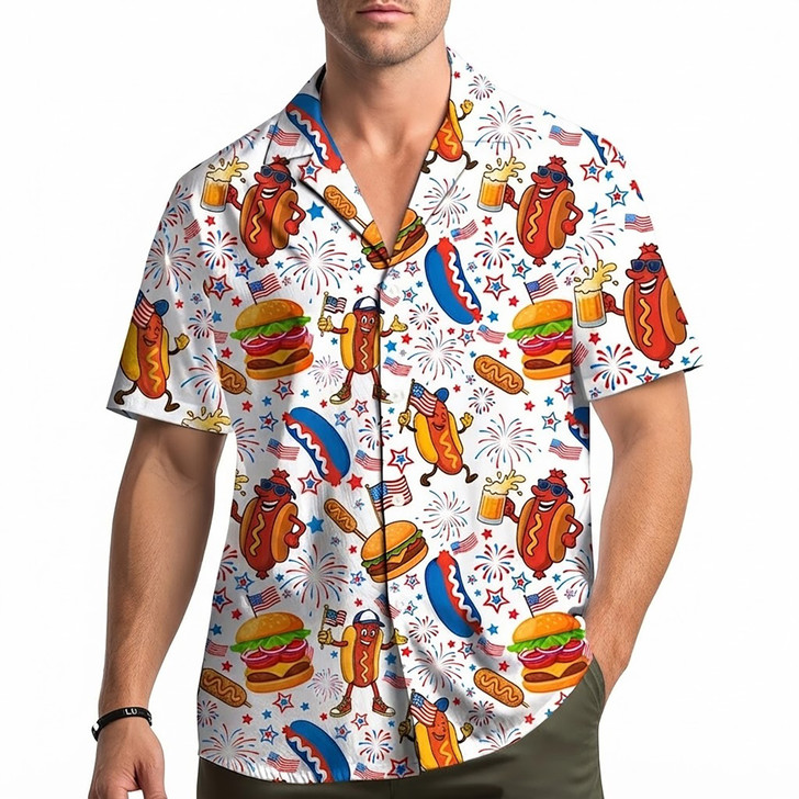 Patriotic Hot Dog Burger American Flag Hawaiian Shirt S-5XL