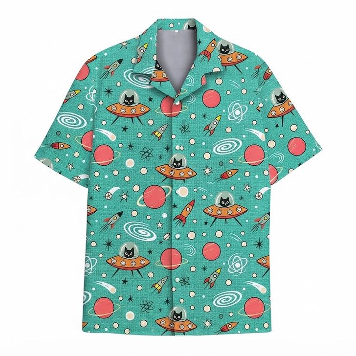 Funny Alien Cat in UFO Space Summer Hawaiian Shirt S-5XL
