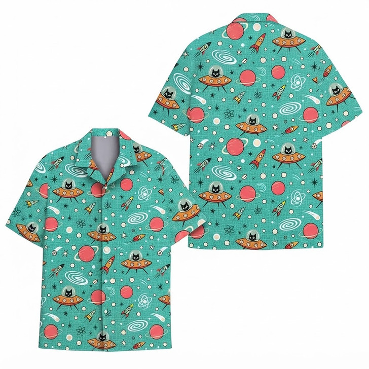 Funny Alien Cat in UFO Space Summer Hawaiian Shirt S-5XL
