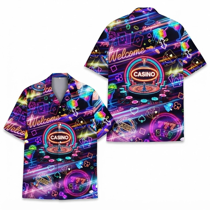 Casino Neon Lights Las Vegas Poker Hawaiian Shirt S-5XL