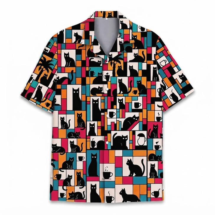 Colorful Coffee and Cat Print Summer Hawaiian Shirt S-5XL