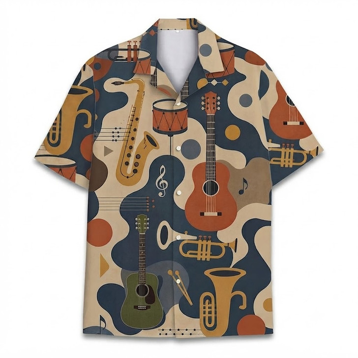 Music Instrument Pattern Guitar Saxophone Jazz Hawaiian Shirt S-5XL