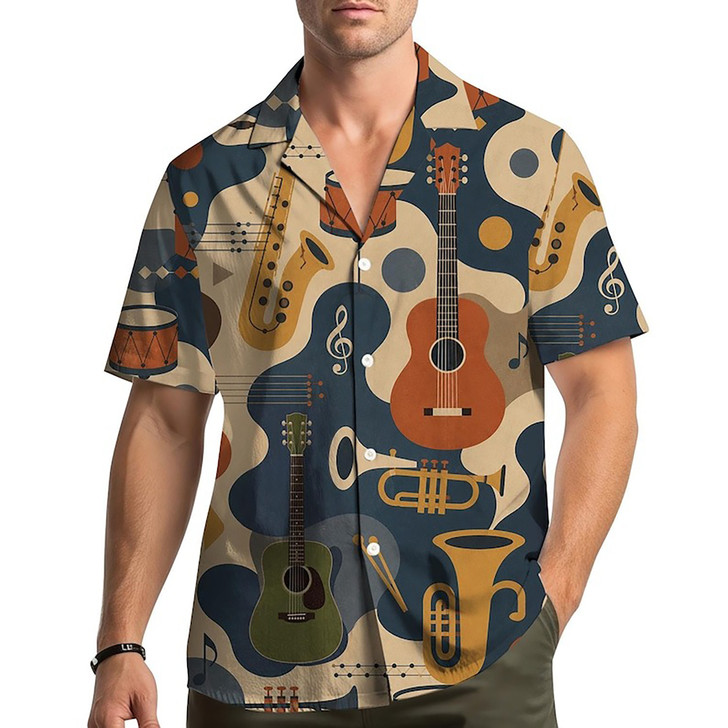 Music Instrument Pattern Guitar Saxophone Jazz Hawaiian Shirt S-5XL