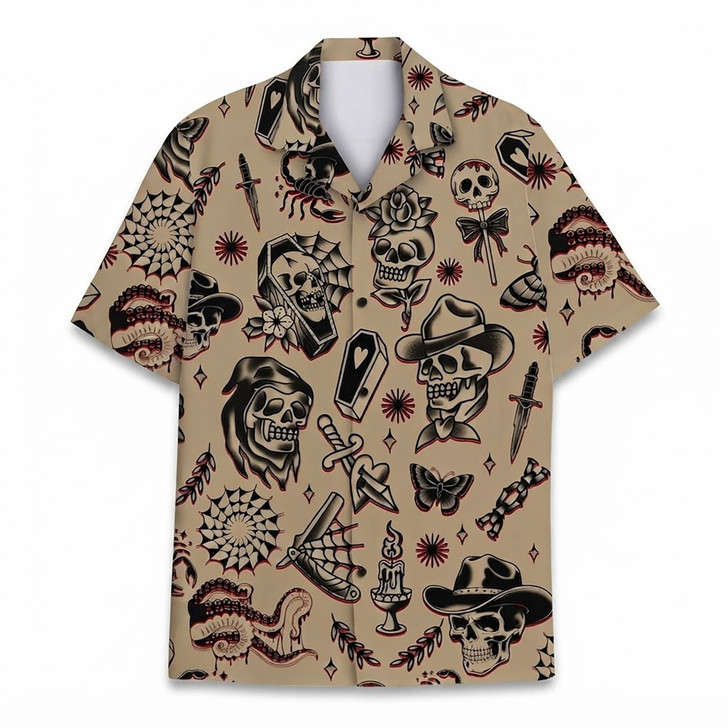Vintage Skull Tattoo Retro Skeleton Cowboy Hawaiian Shirt S-5XL