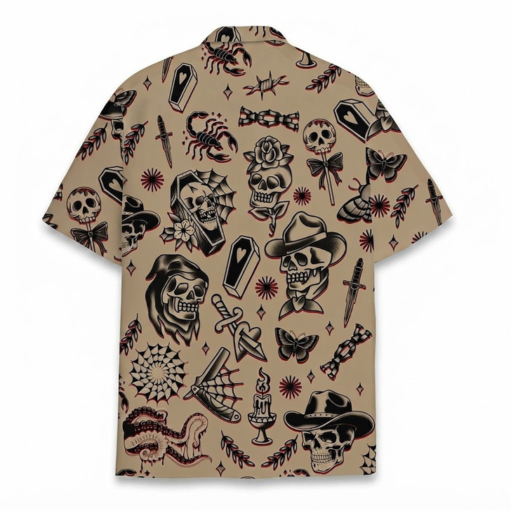 Vintage Skull Tattoo Retro Skeleton Cowboy Hawaiian Shirt S-5XL