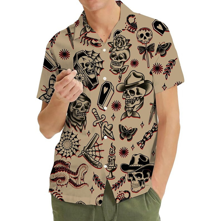 Vintage Skull Tattoo Retro Skeleton Cowboy Hawaiian Shirt S-5XL