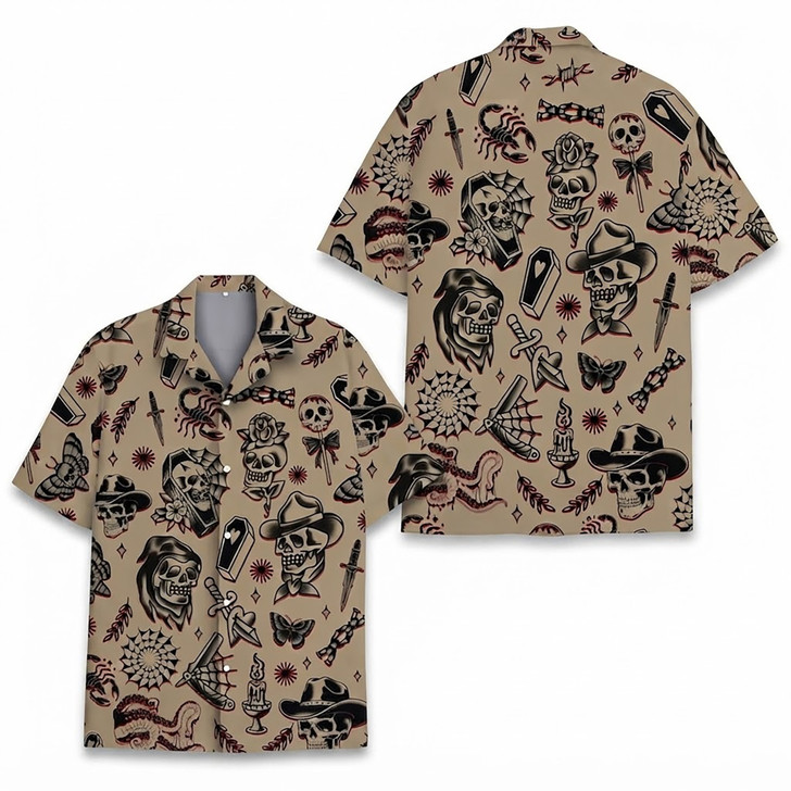 Vintage Skull Tattoo Retro Skeleton Cowboy Hawaiian Shirt S-5XL