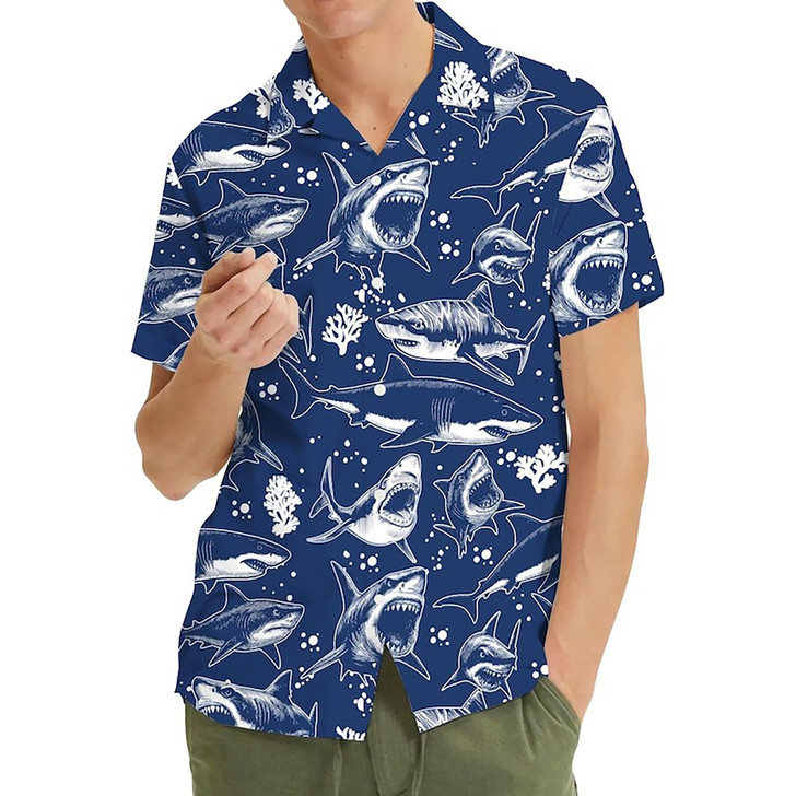 Retro Shark Aloha Summer Beach Hawaiian Shirt S-5XL