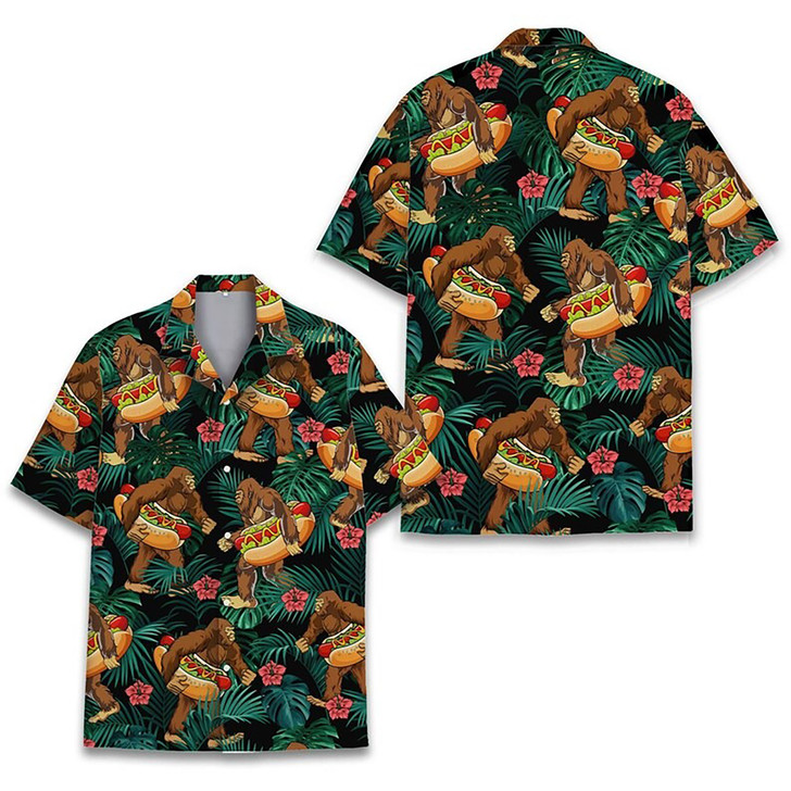 Funny Bigfoot Hot Dog Summer Vacation Hawaiian Shirt S-5XL