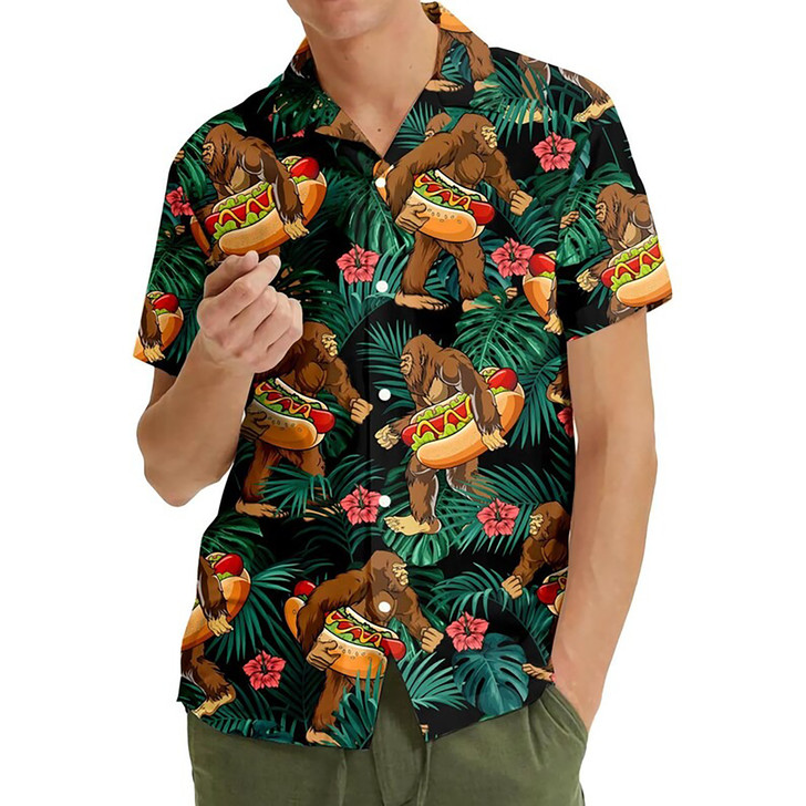 Funny Bigfoot Hot Dog Summer Vacation Hawaiian Shirt S-5XL