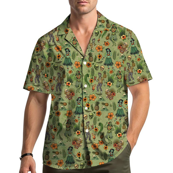 Zombie Hula Girl Tropical Skull Spooky Hawaiian Shirt S-5XL