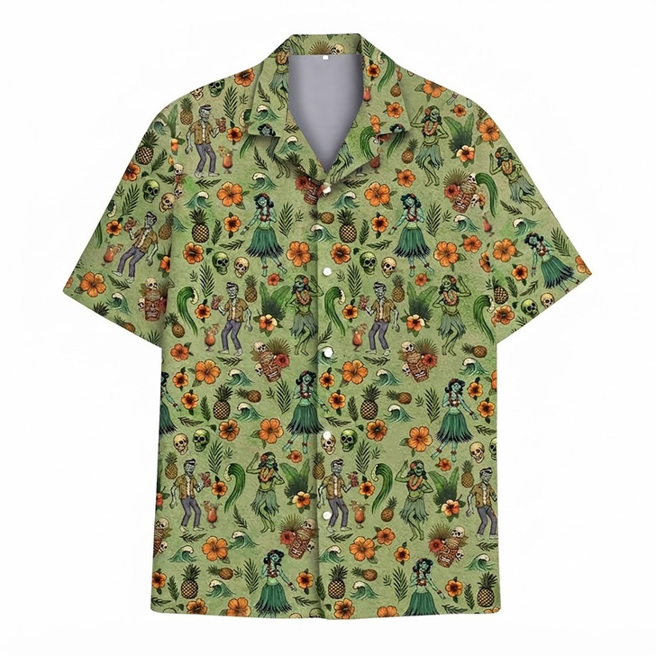Zombie Hula Girl Tropical Skull Spooky Hawaiian Shirt S-5XL