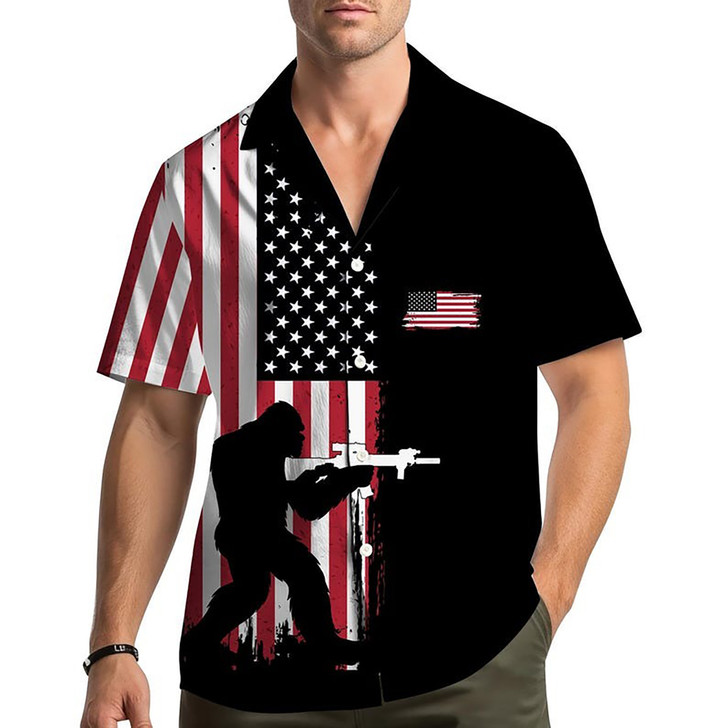 Bigfoot American Flag Patriotic USA Freedom Hawaiian Shirt S-5XL