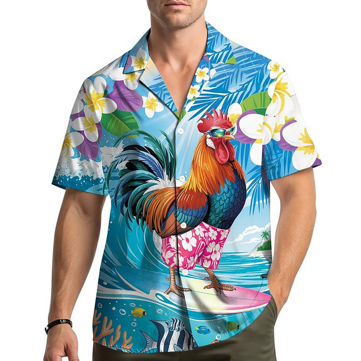 Funny Rooster Surfing Summer Beach Hawaiian Shirt S-5XL