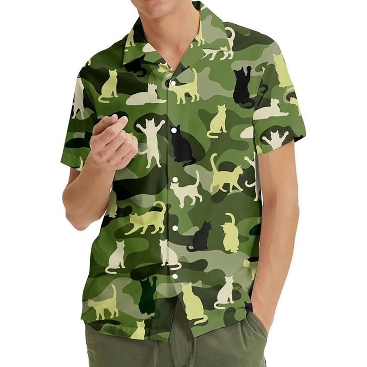 Funny Camo Cat Camouflage Print Hawaiian Shirt S-5XL
