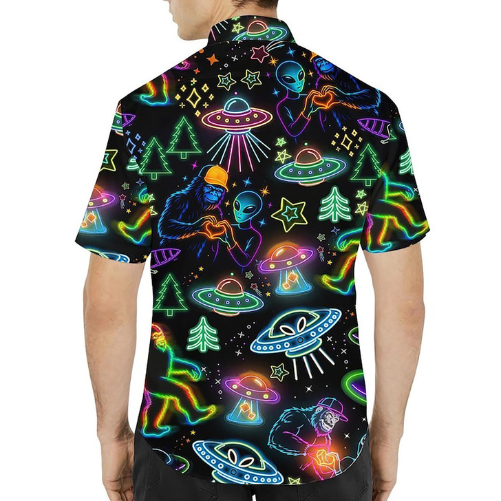 Neon Bigfoot Alien UFO Summer Beach Hawaiian Shirt S-5XL