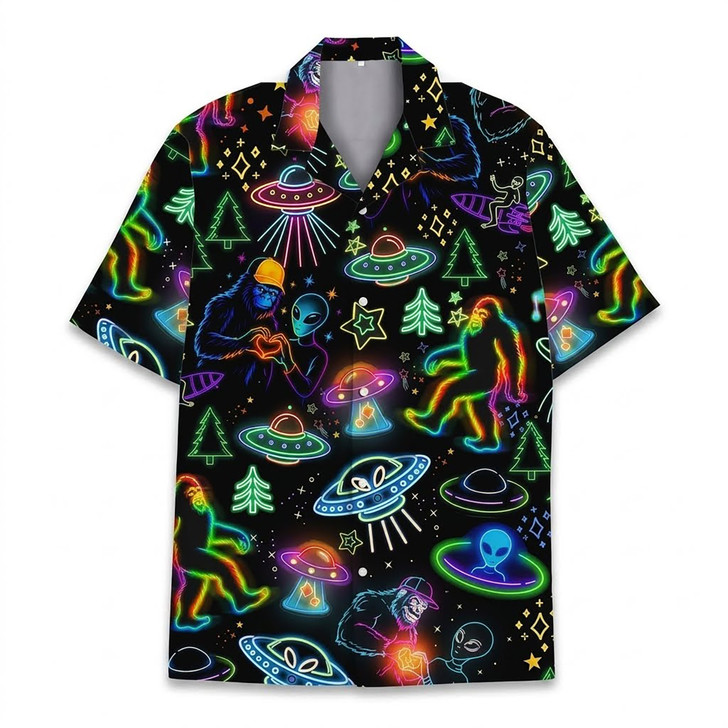 Neon Bigfoot Alien UFO Summer Beach Hawaiian Shirt S-5XL