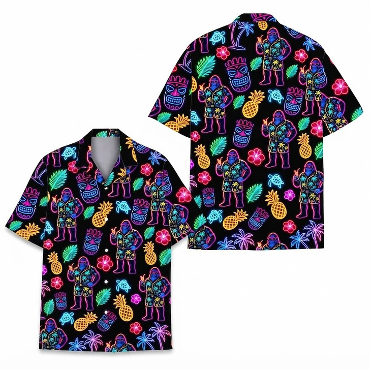 Neon Bigfoot Tiki Funny Sasquatch Summer Hawaiian Shirt S-5XL
