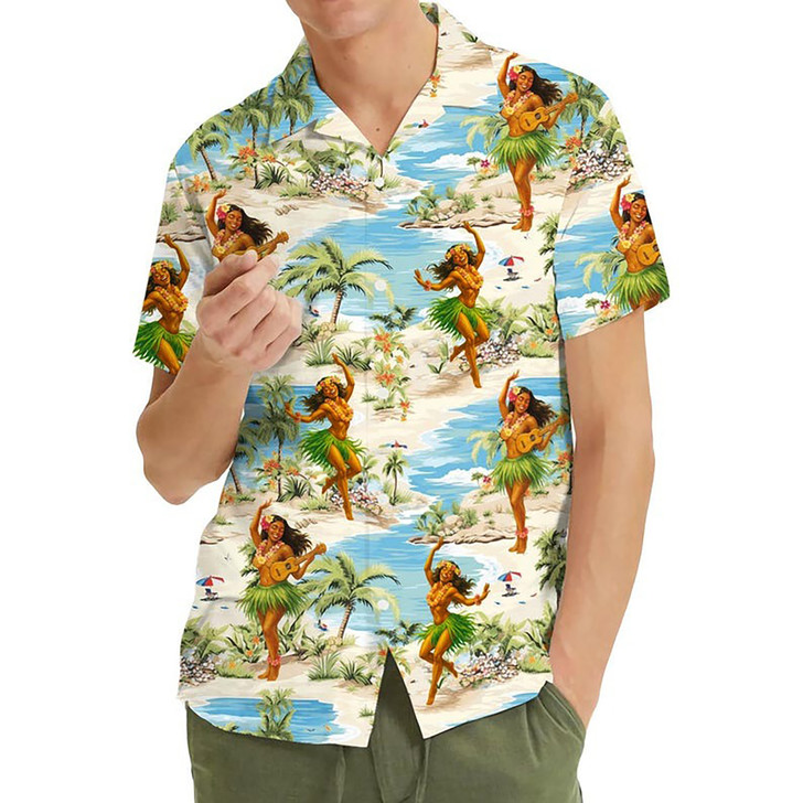 Vintage Retro Hula Girl Luau Beach Hawaiian Shirt S-5XL