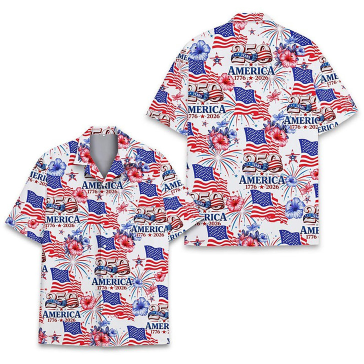 250 Year USA Floral Patriotic American 1776 2026 Hawaiian Shirt S-5XL