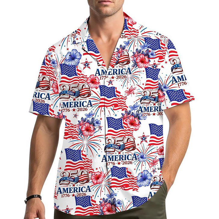 250 Year USA Floral Patriotic American 1776 2026 Hawaiian Shirt S-5XL