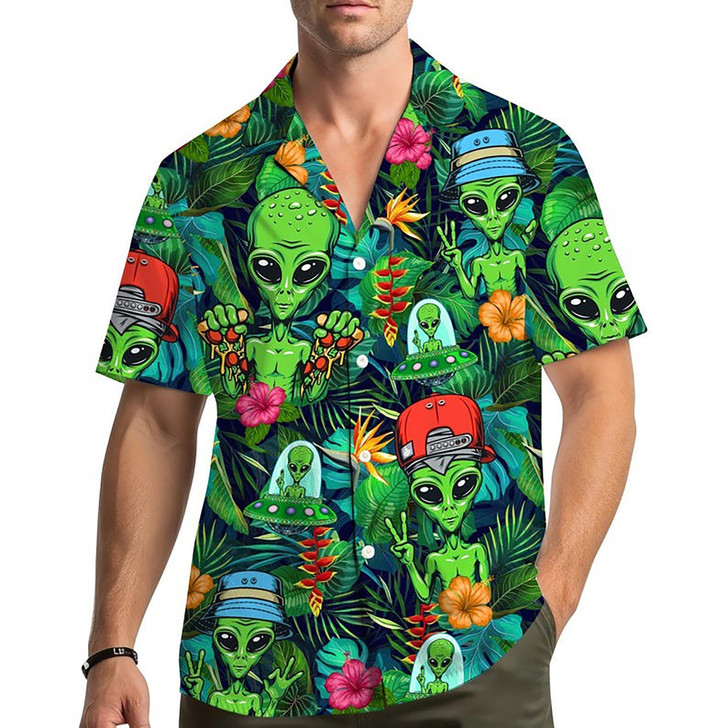 Tropical Alien Funny UFO Summer Beach Hawaiian Shirt S-5XL
