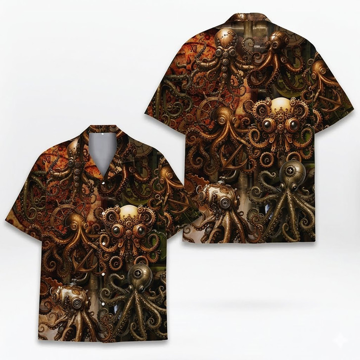 Steampunk Octopus Mechanical Gear Vintage Sci Fi Hawaiian Shirt S-5XL