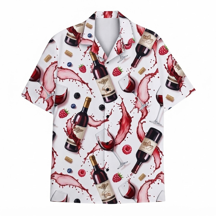 Red Wine Bottle Glass Pour Splash Summer Party Hawaiian Shirt S-5XL