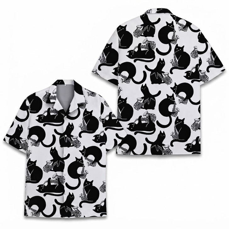 Funny Black Cat Saxophone Jazz Music Summer Hawaiian Shirt S-5XL