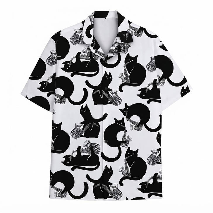 Funny Black Cat Saxophone Jazz Music Summer Hawaiian Shirt S-5XL