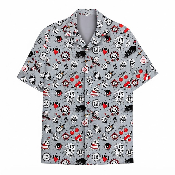 Vintage Skull Dice Edgy Retro Tattoo Summer Hawaiian Shirt S-5XL