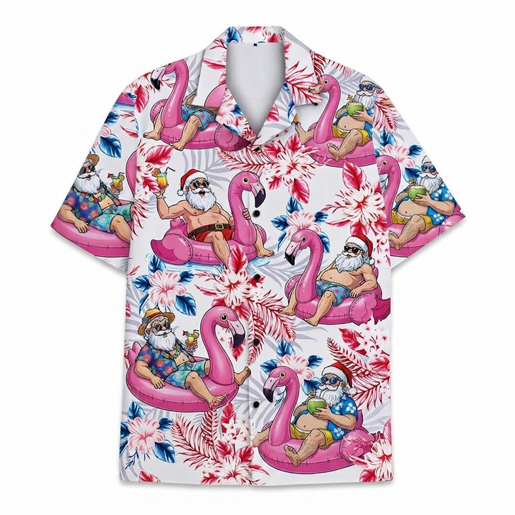 Santa Flamingo Christmas In July Tropical Xmas Hawaiian Shirt S-5XL