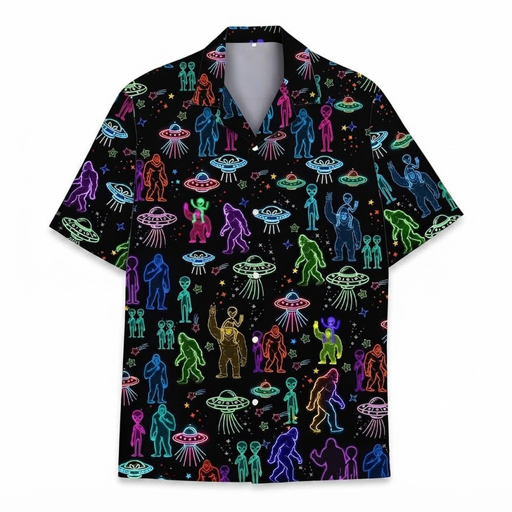 Neon Bigfoot Alien Space Sasquatch Summer Beach Hawaiian Shirt S-5XL